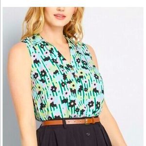 ModCloth Mint Floral Sleeveless Blouse